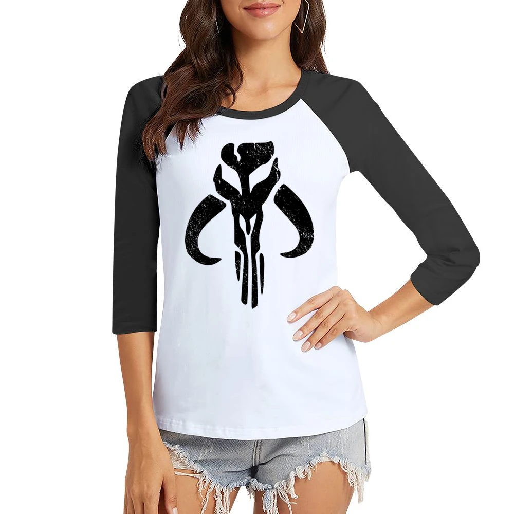 Mandalorian Mythosaur Skull Black Symbol Star Wars Distressed Tv Show Women Ladies 3-4 Sleeve T-Shirt