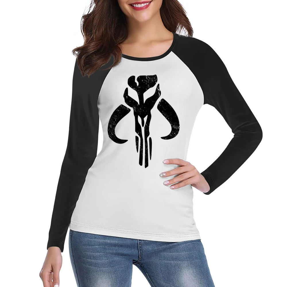 Mandalorian Mythosaur Skull Black Symbol Star Wars Distressed Tv Show Women Ladies Long Sleeve T-Shirt