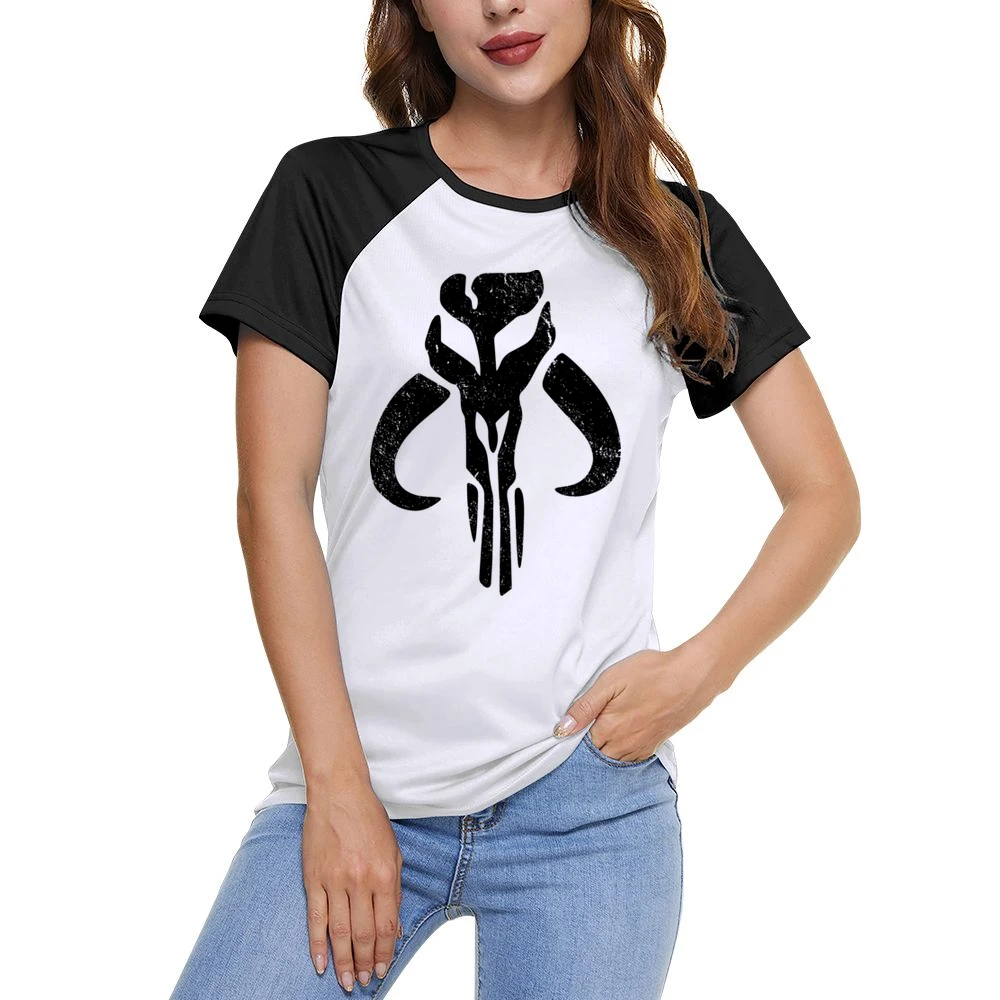 Mandalorian Mythosaur Skull Black Symbol Star Wars Distressed Tv Show Women Ladies Short Sleeve T-Shirt