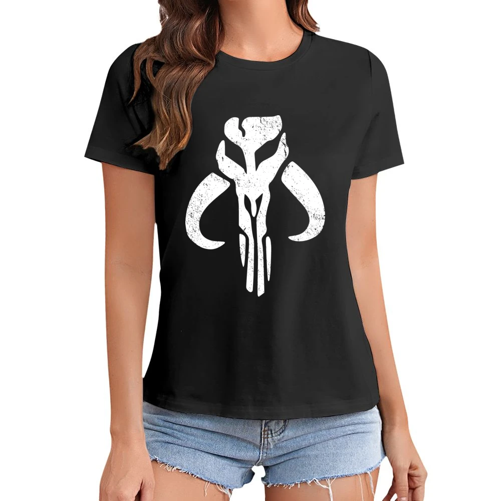 Mandalorian Mythosaur Skull White Symbol Star Wars Tv Show Distressed Asian Size Women Ladies T-shirt