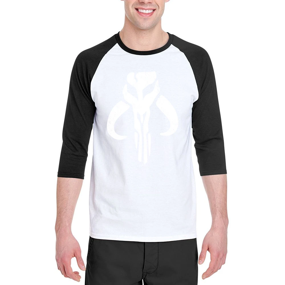 Mandalorian Mythosaur Skull White Symbol Star Wars Tv Show Distressed Men 3/4 Sleeve T-Shirt