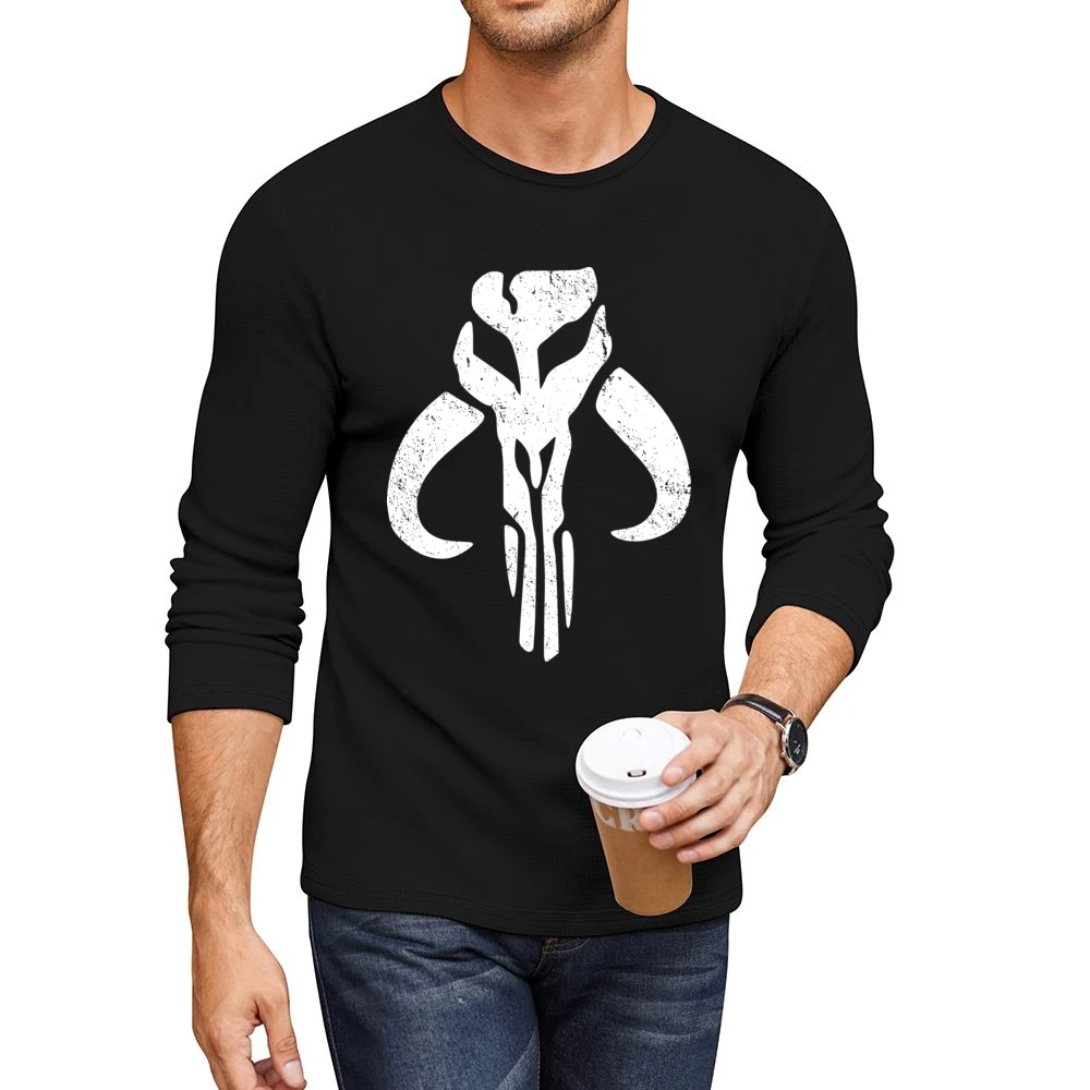 Mandalorian Mythosaur Skull White Symbol Star Wars Tv Show Distressed Men CrewNeck Long Sleeve T-Shirt