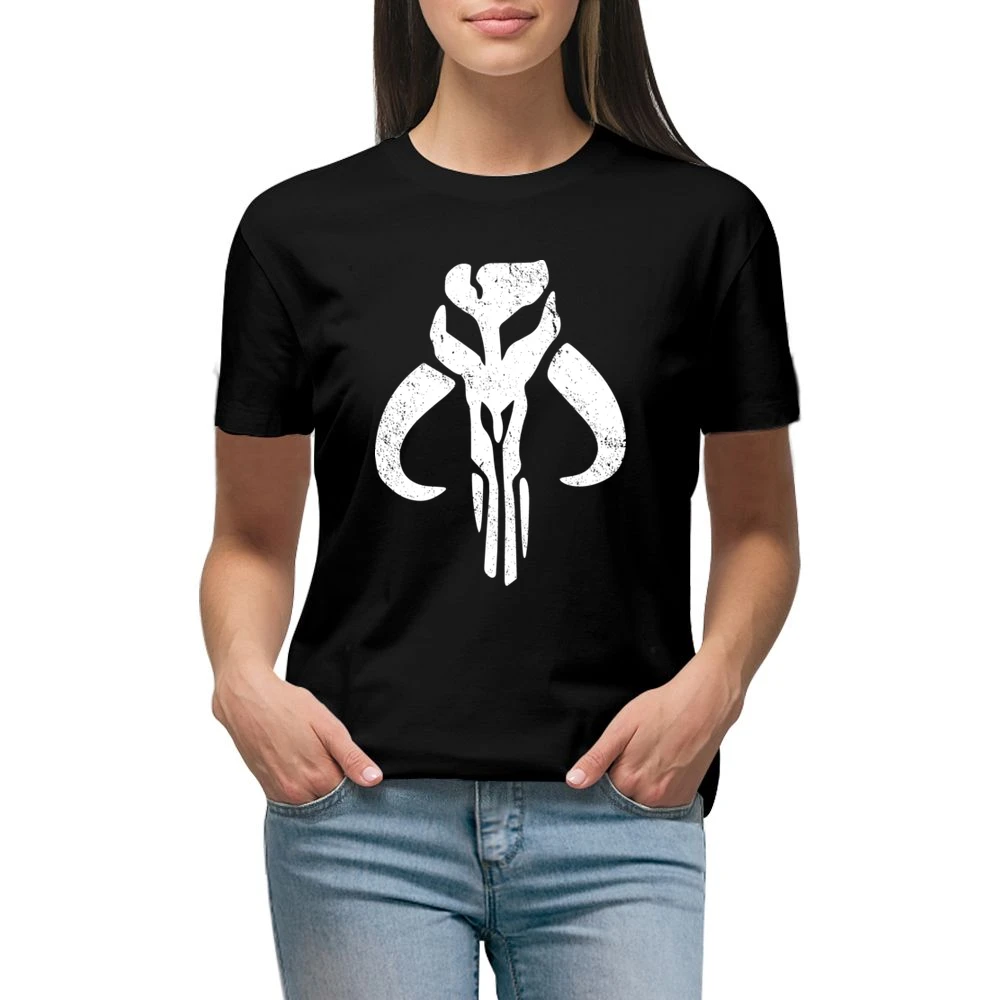Mandalorian Mythosaur Skull White Symbol Star Wars Tv Show Distressed Premium Women Ladies T-shirt