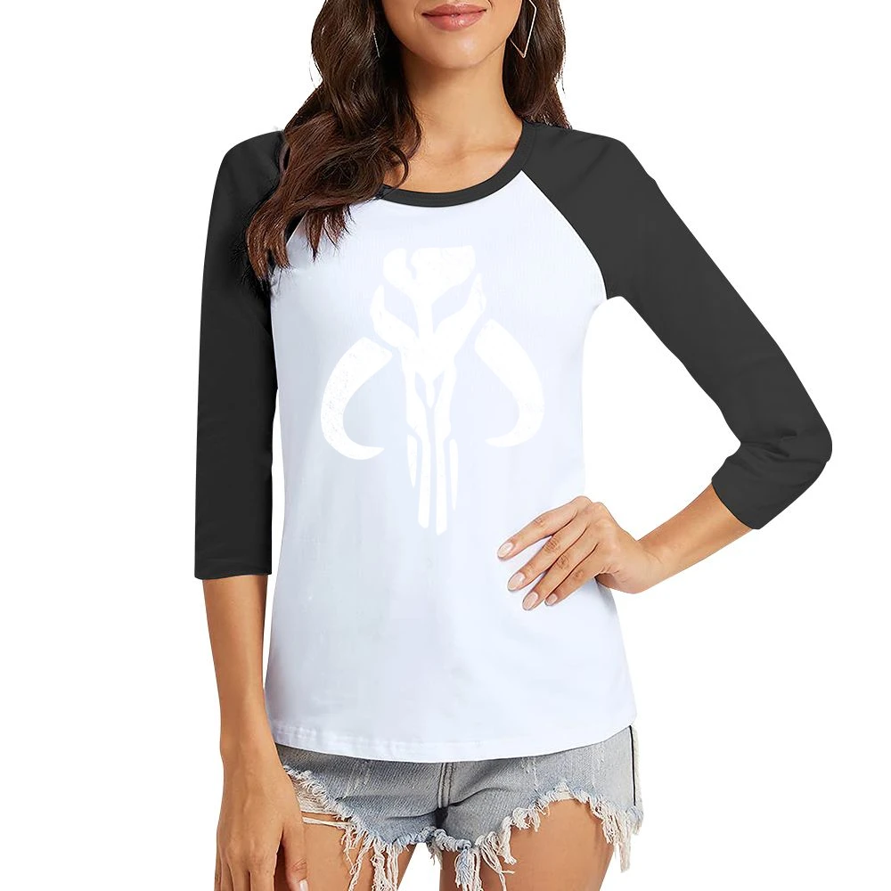 Mandalorian Mythosaur Skull White Symbol Star Wars Tv Show Distressed Women Ladies 3-4 Sleeve T-Shirt