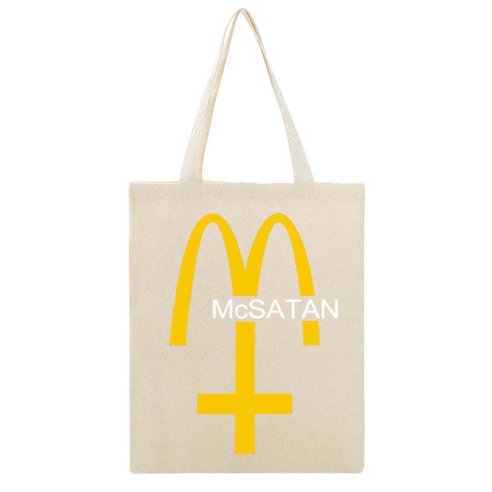McSatan Funny Fast Food Satan Parody Graphic Beige Canvas Tote Shopping Bag