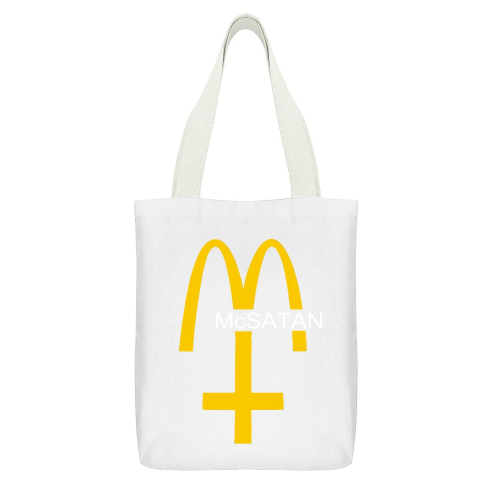 McSatan Funny Fast Food Satan Parody Graphic White Canvas Tote Shopping Bag With Interior Pocket