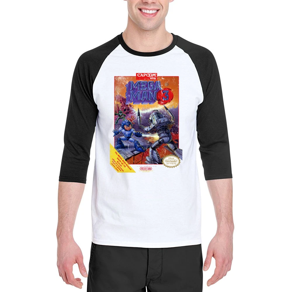 Mega Man 3 Nes Nintendo Old School Retro Video Game Fan Distressed T S Men 3/4 Sleeve T-Shirt