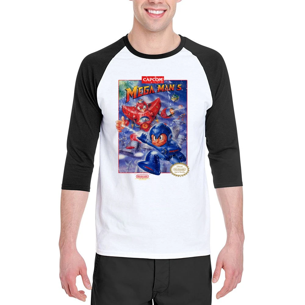 Mega Man 5 Nes Nintendo Old School Retro Video Game Fan Distressed T S Men 3/4 Sleeve T-Shirt