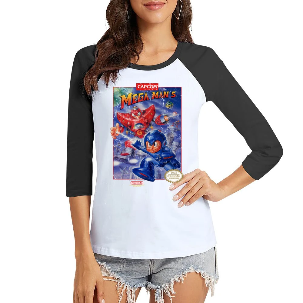 Mega Man 5 Nes Nintendo Old School Retro Video Game Fan Distressed T S Women Ladies 3-4 Sleeve T-Shirt
