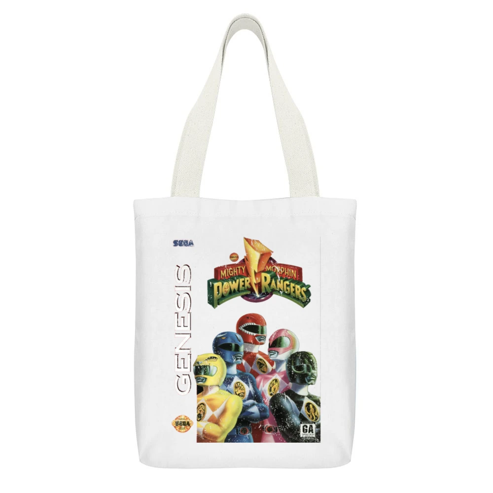 Mighty Morphin Power Rangers Sega Genesis Old School Retro Video Game White Canvas Tote Shopping Bag With Interior Pocket