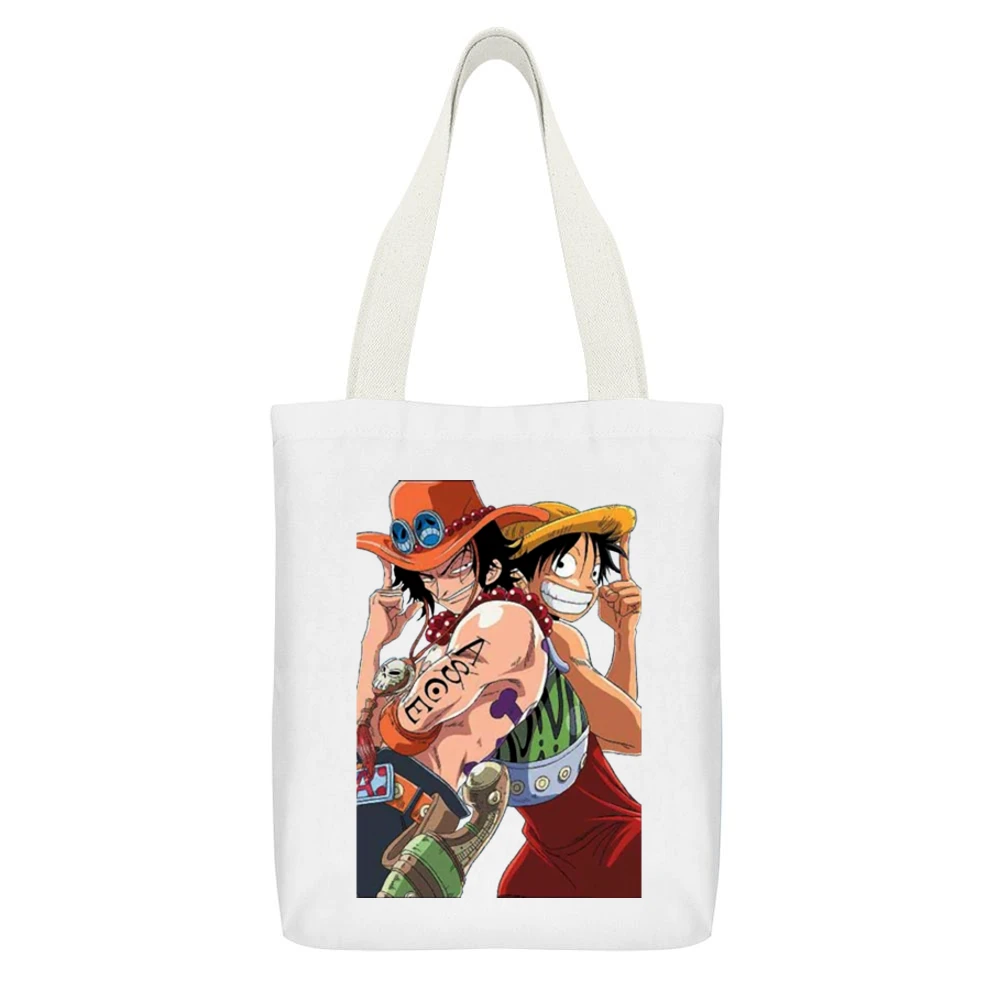 Monkey D Luffy and portgas D Ace one pice anime manga White Canvas Tote Shopping Bag With Interior Pocket