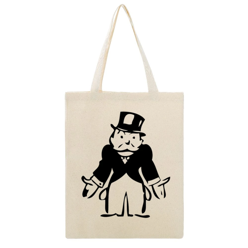 Monopoly Man Empty Pockets Classic Fun Graphic Game Tee Shirt Beige Canvas Tote Shopping Bag