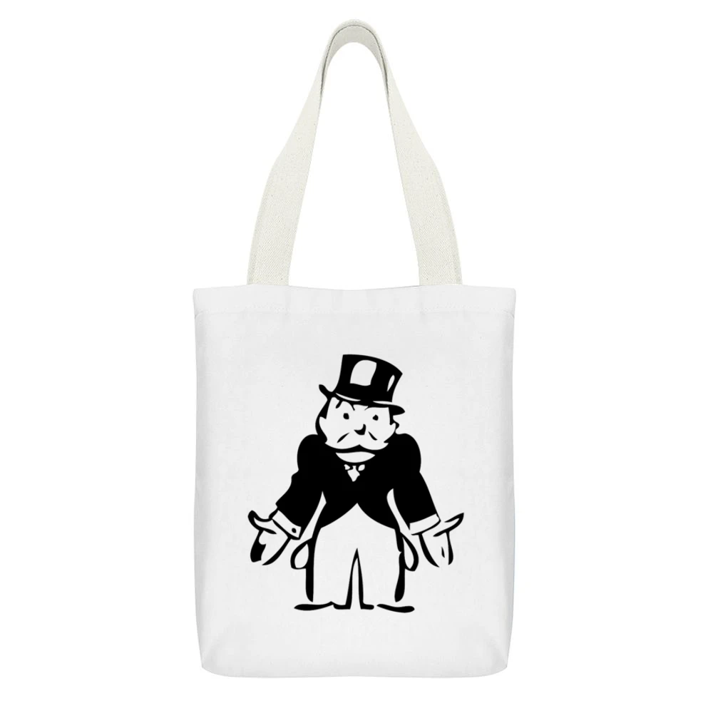 Monopoly Man Empty Pockets Classic Fun Graphic Game Tee Shirt White Canvas Tote Shopping Bag With Interior Pocket