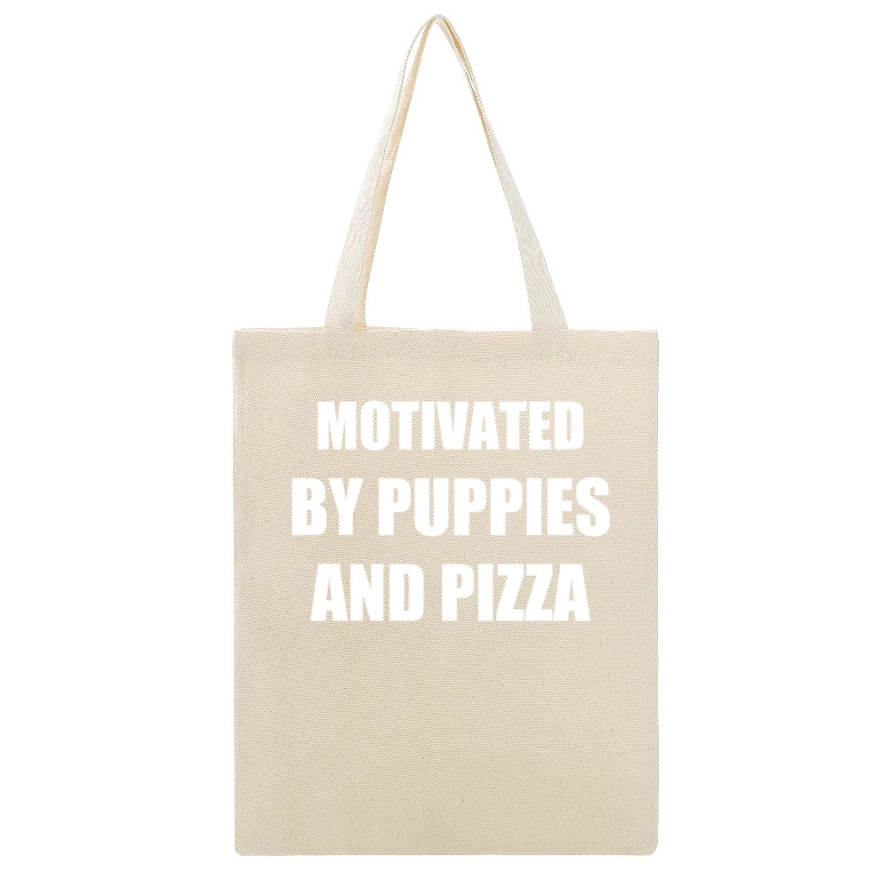 Motivated By Puppies And Pizza Funny Graphic Popular Beige Canvas Tote Shopping Bag