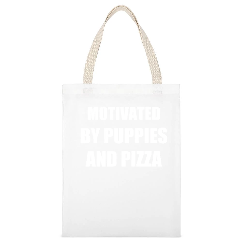 Motivated By Puppies And Pizza Funny Graphic Popular White Canvas Tote Shopping Bag