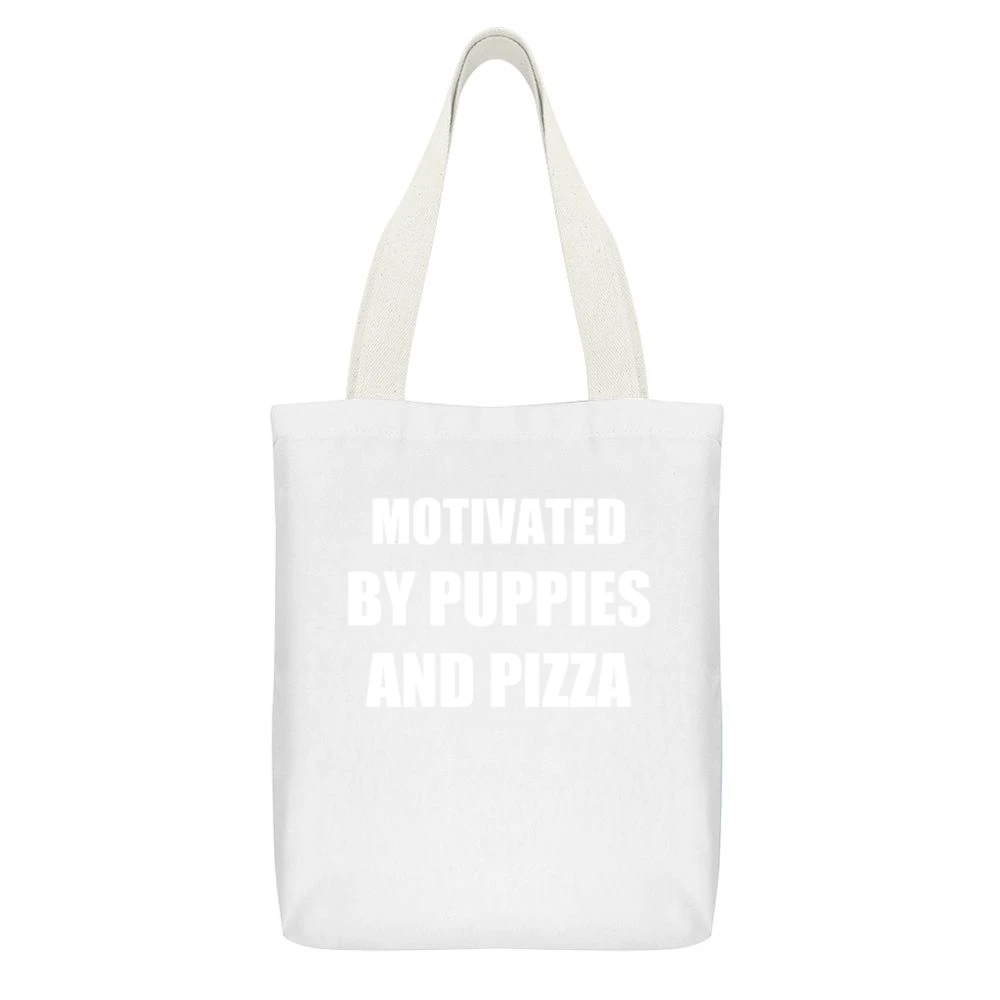 Motivated By Puppies And Pizza Funny Graphic Popular White Canvas Tote Shopping Bag With Interior Pocket