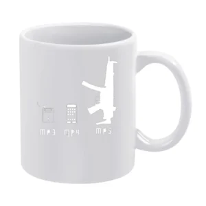 Music Player evolution mp3 mp4 and funny parody guns weapon mp5 T Shir White Mug