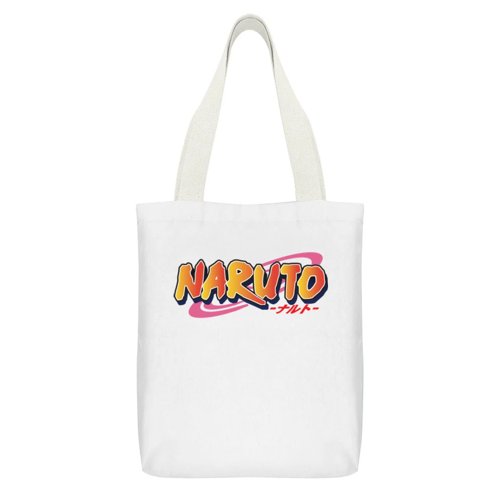 Naruto text logo shippuden anime manga White Canvas Tote Shopping Bag With Interior Pocket