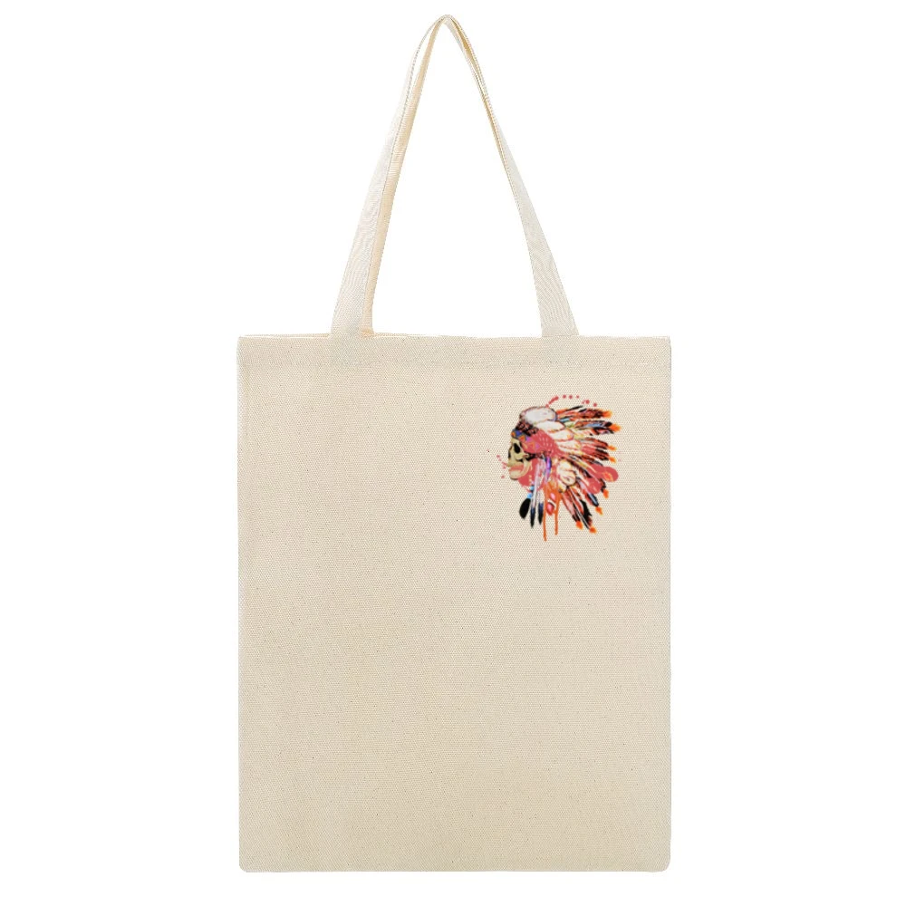 Native Indian Headdress Skull Skeleton Fun Beautiful Graphic Tee Shirt Beige Canvas Tote Shopping Bag