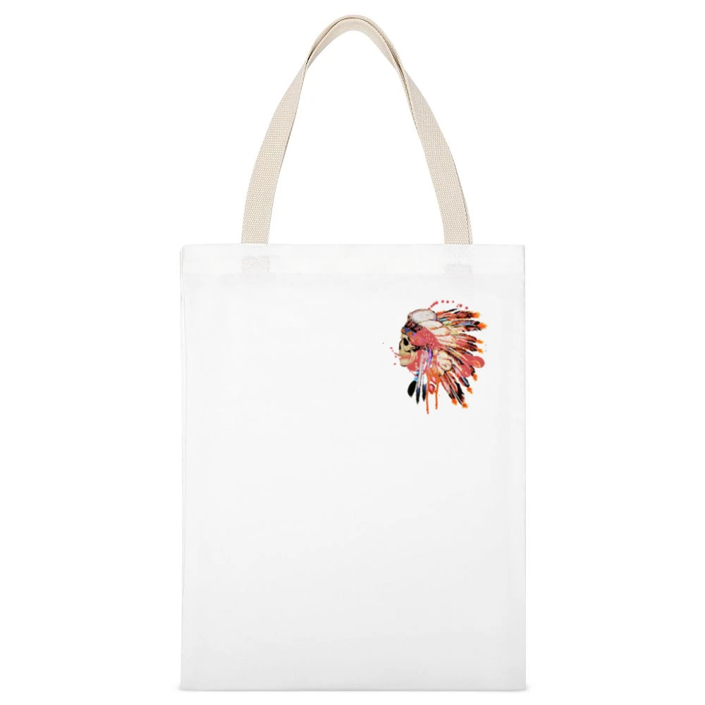Native Indian Headdress Skull Skeleton Fun Beautiful Graphic Tee Shirt White Canvas Tote Shopping Bag