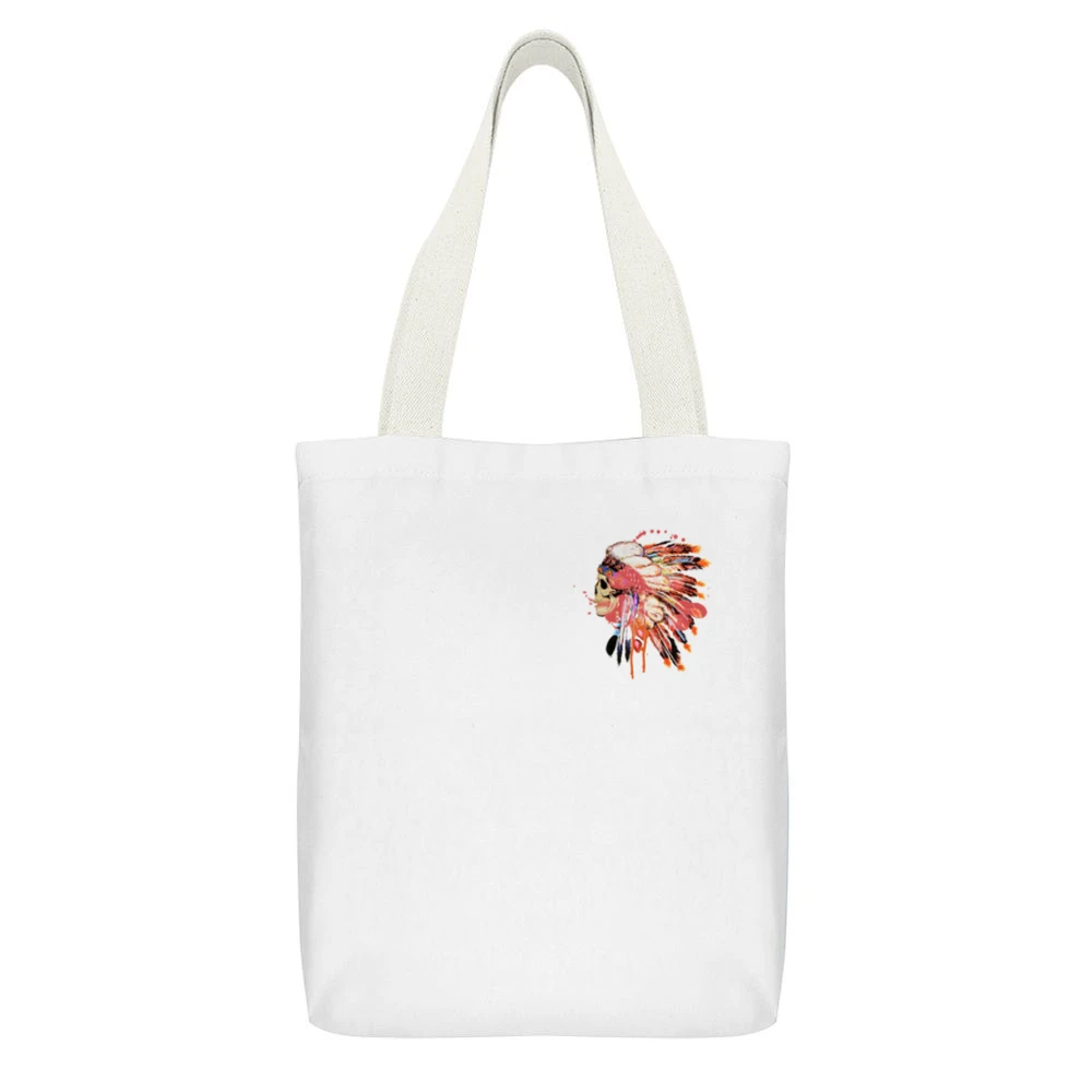 Native Indian Headdress Skull Skeleton Fun Beautiful Graphic Tee Shirt White Canvas Tote Shopping Bag With Interior Pocket