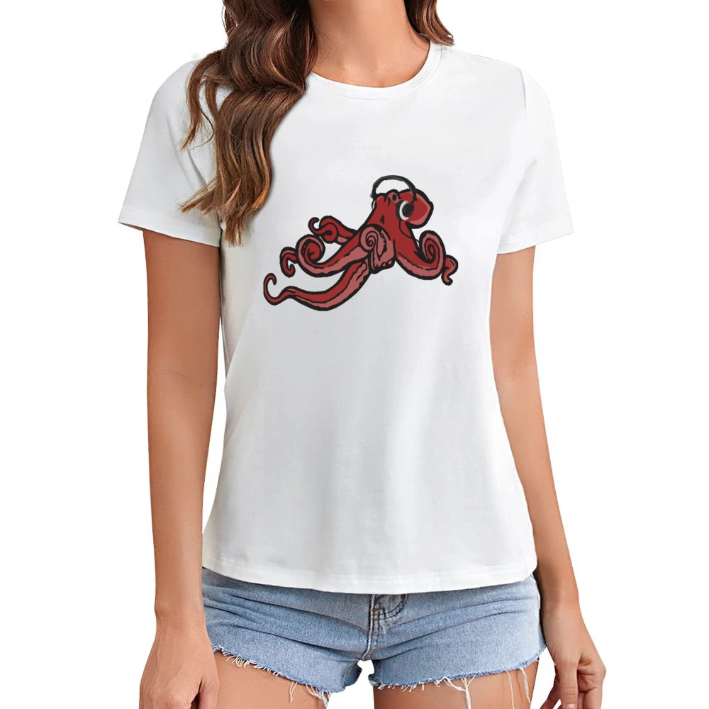 Octopus Wearing Headphones Music Lover Fun Graphic Asian Size Women Ladies T-shirt