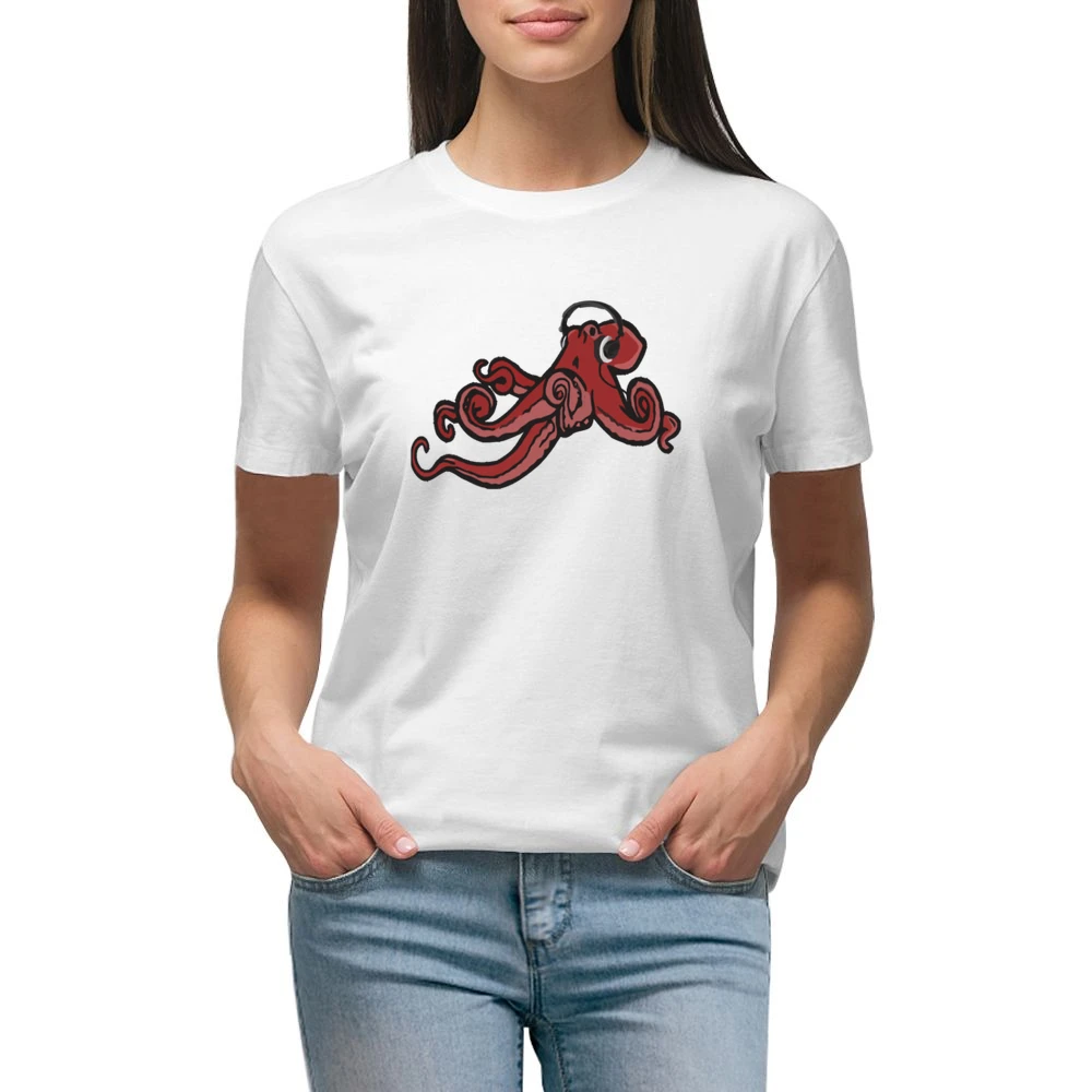 Octopus Wearing Headphones Music Lover Fun Graphic Premium Women Ladies T-shirt