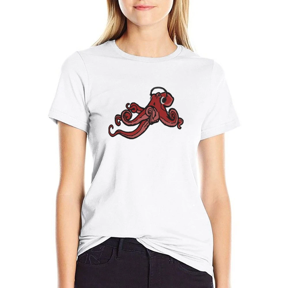 Octopus Wearing Headphones Music Lover Fun Graphic US Size Women Ladies T-shirt