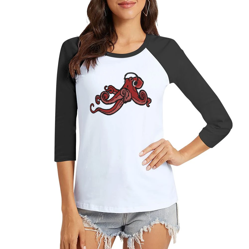 Octopus Wearing Headphones Music Lover Fun Graphic Women Ladies 3-4 Sleeve T-Shirt