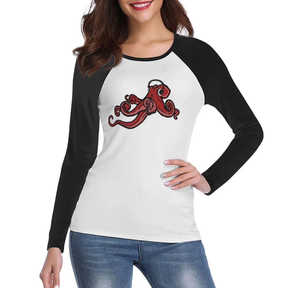 Octopus Wearing Headphones Music Lover Fun Graphic Women Ladies Long Sleeve T-Shirt