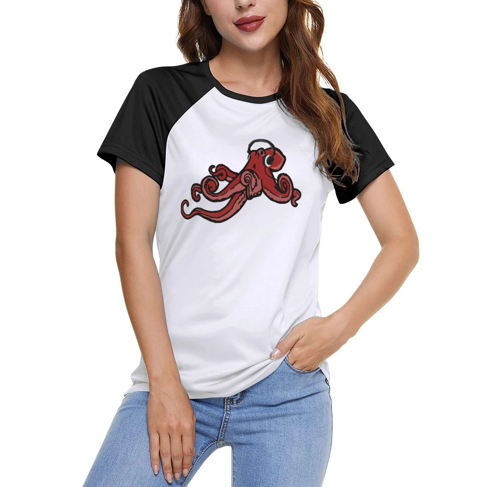 Octopus Wearing Headphones Music Lover Fun Graphic Women Ladies Short Sleeve T-Shirt
