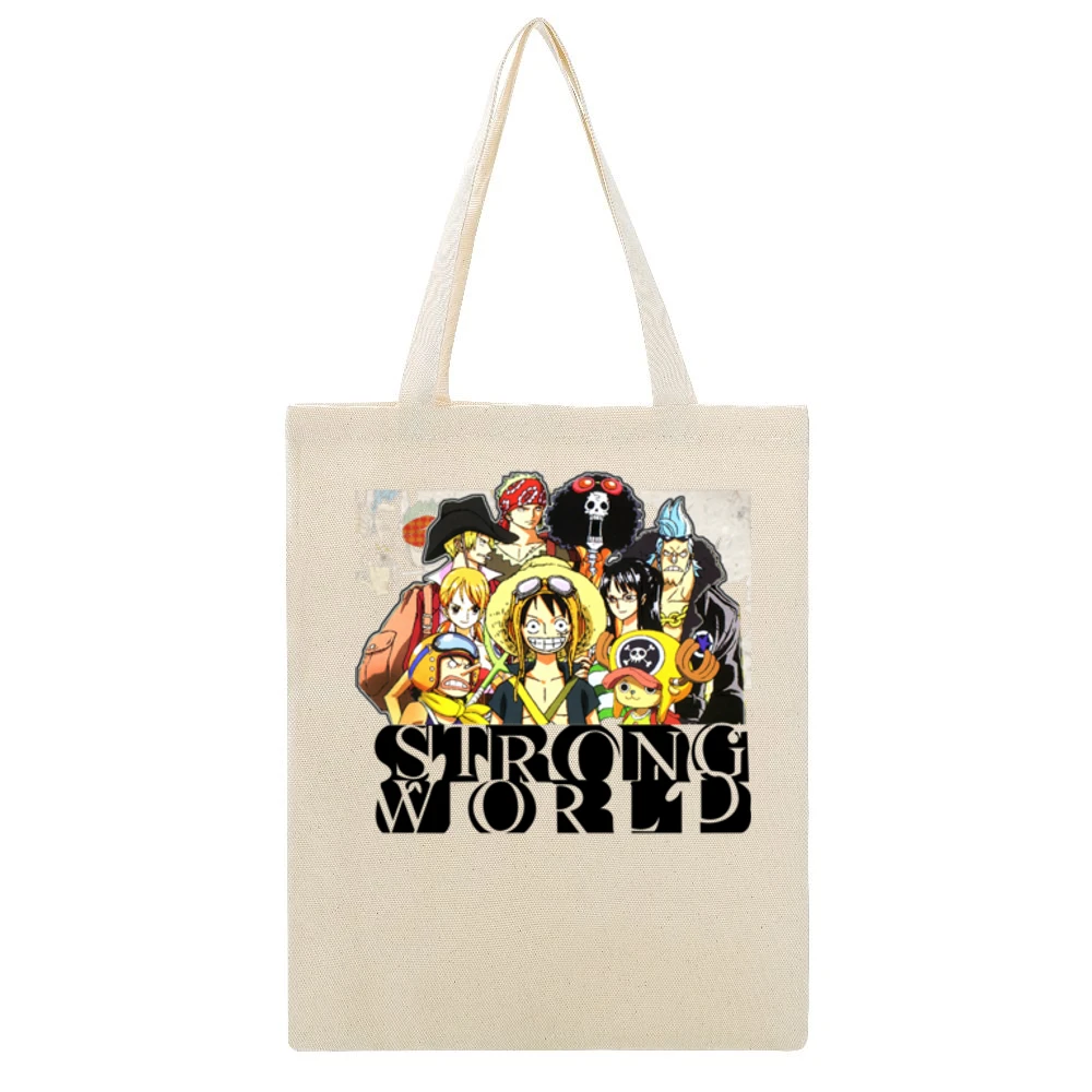 One Pice Movies Strong World straw hat pirates member Luffy and nakama Beige Canvas Tote Shopping Bag
