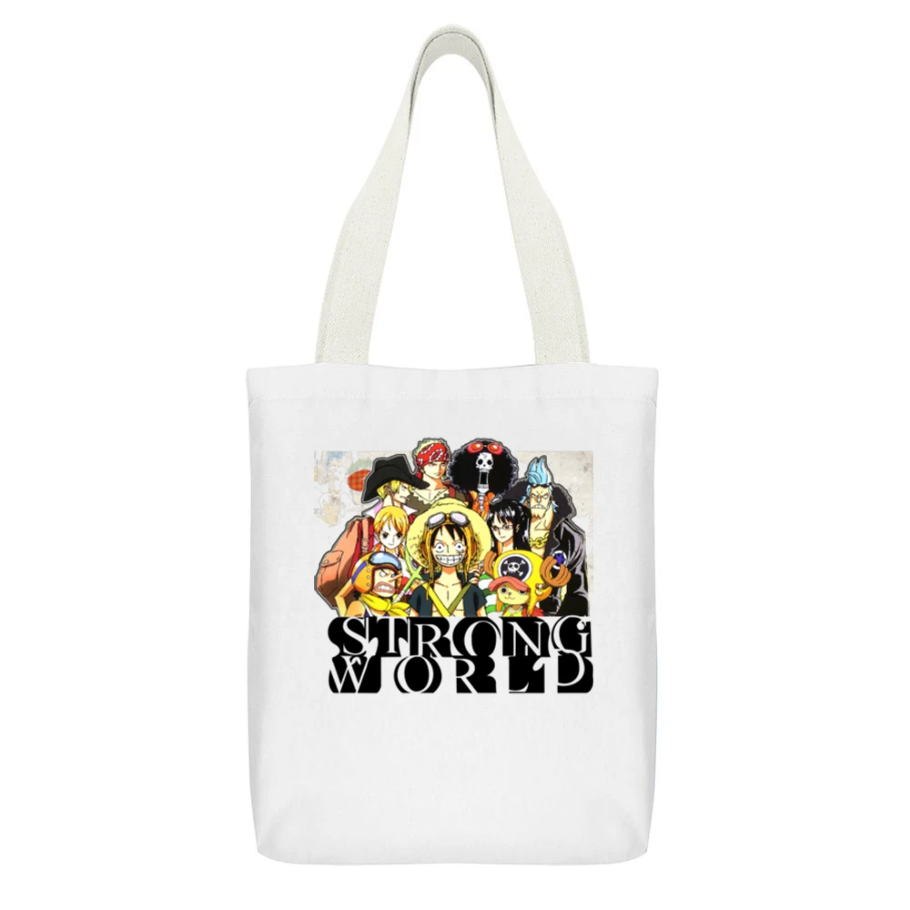 One Pice Movies Strong World straw hat pirates member Luffy and nakama White Canvas Tote Shopping Bag With Interior Pocket