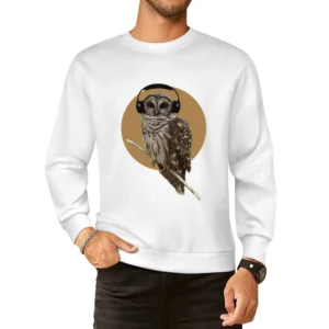 Owl With Headphones Orange Moon Fun Music Graphic European Size Pullover Sweater