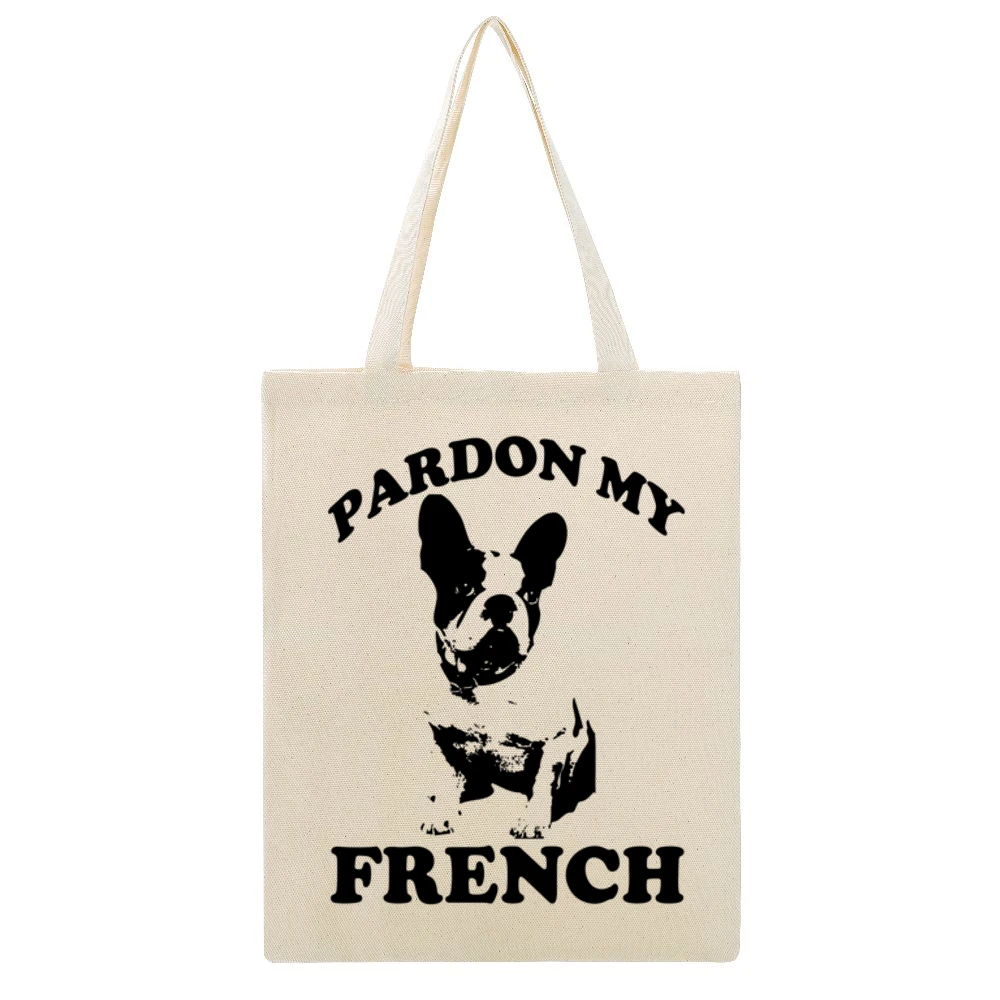 Pardon My French Funny Frenchie Bulldog Lover Graphic Beige Canvas Tote Shopping Bag