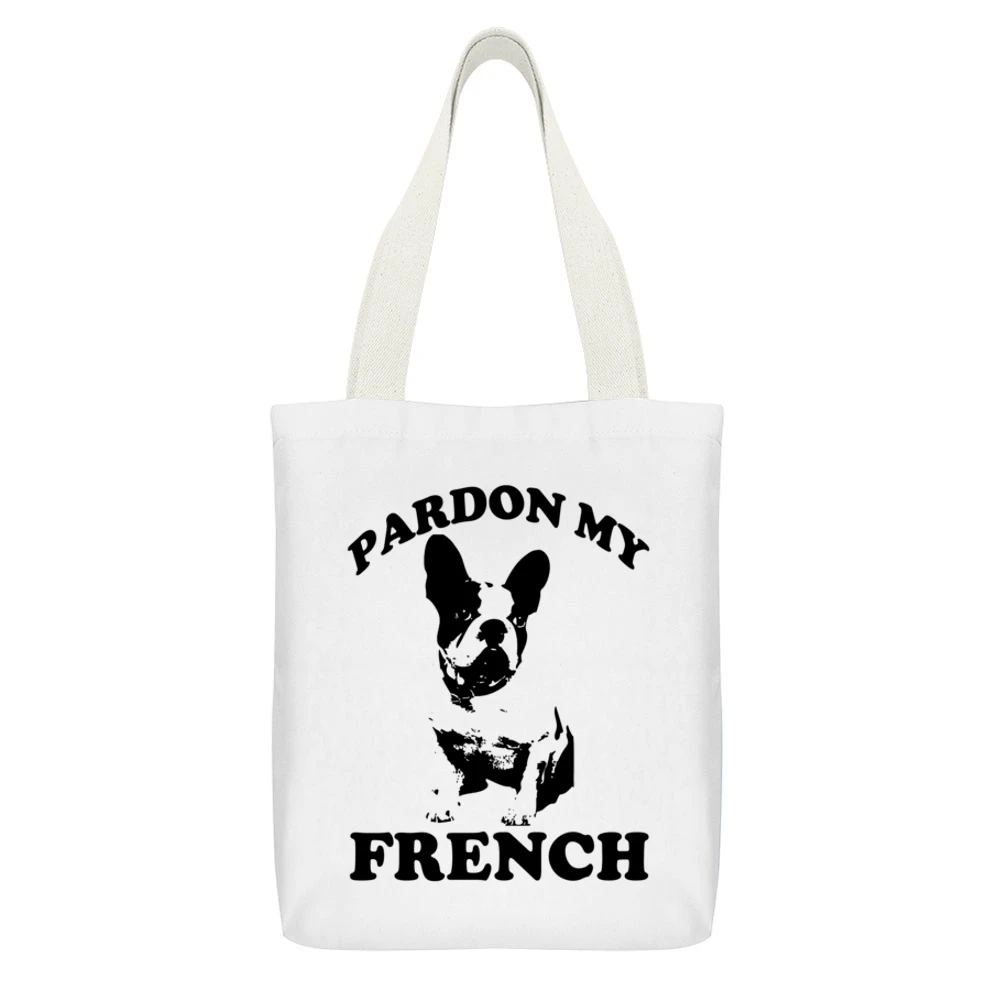 Pardon My French Funny Frenchie Bulldog Lover Graphic White Canvas Tote Shopping Bag With Interior Pocket