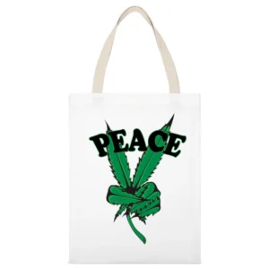Peace Cannabis Leaf Fun Graphic Tee Shirt White Canvas Tote Shopping Bag