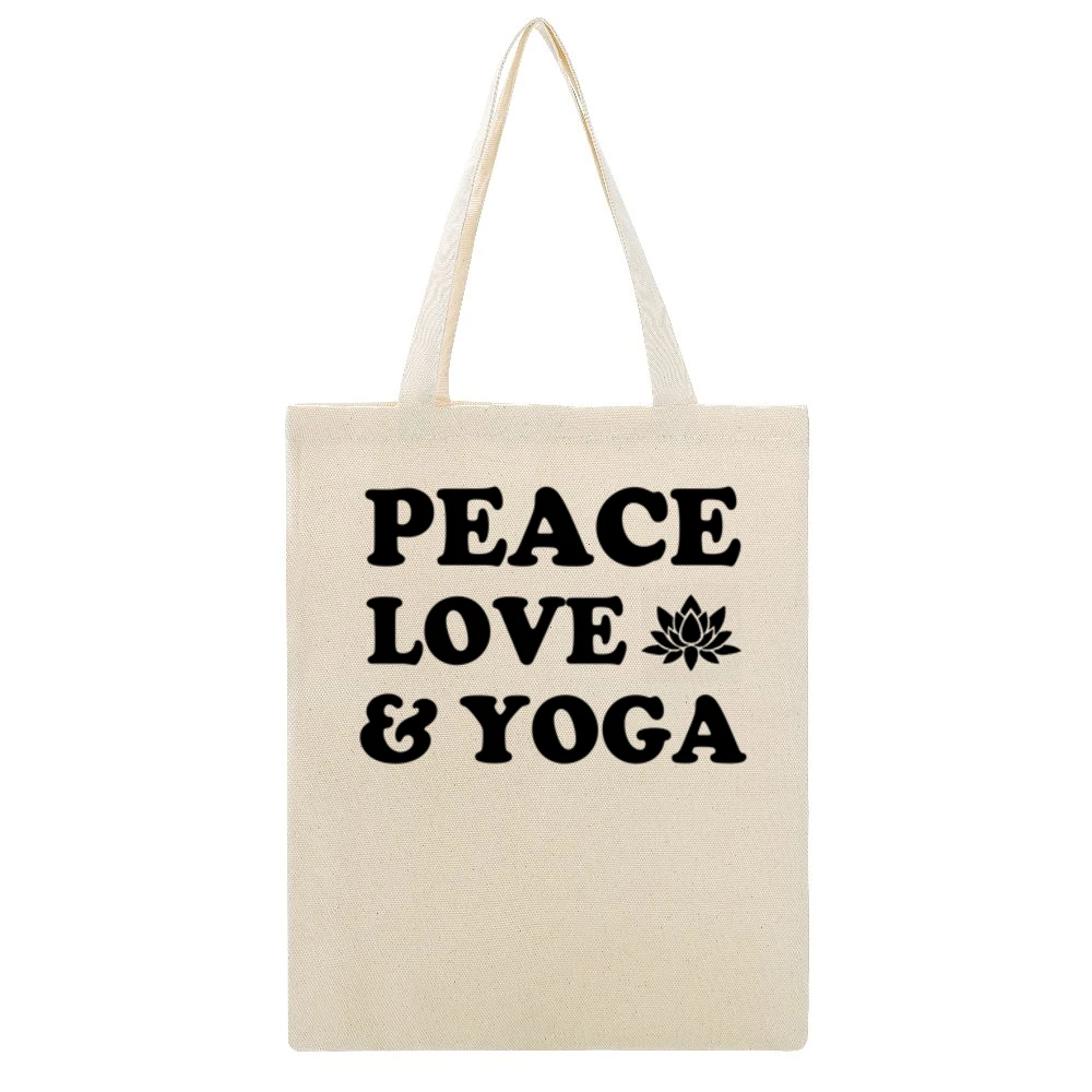 Peace Love And Yoga Fun Spiritual Yogi Graphic Lotus Tee Shirt Beige Canvas Tote Shopping Bag