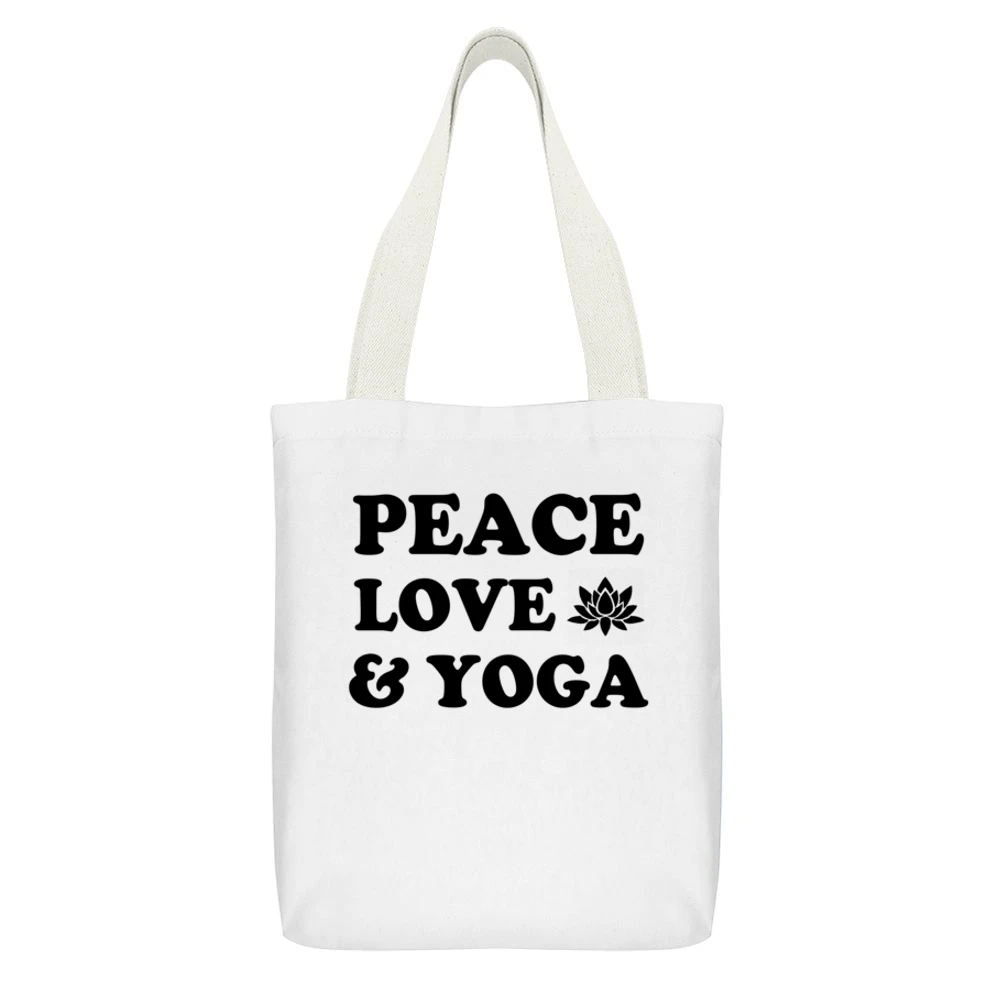 Peace Love And Yoga Fun Spiritual Yogi Graphic Lotus Tee Shirt White Canvas Tote Shopping Bag With Interior Pocket