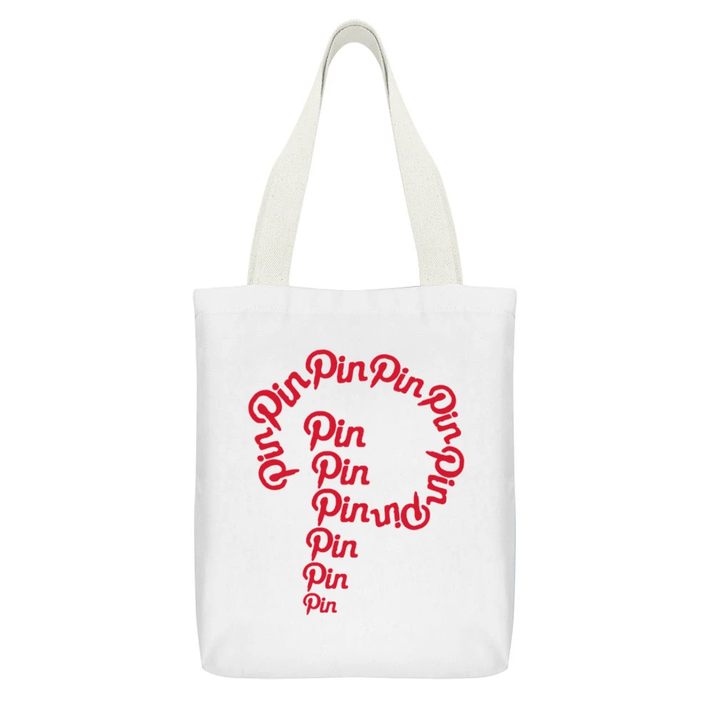 Pin Pin Pin Fun Pinning Pinterest P Love Popular Social Media Graphic White Canvas Tote Shopping Bag With Interior Pocket