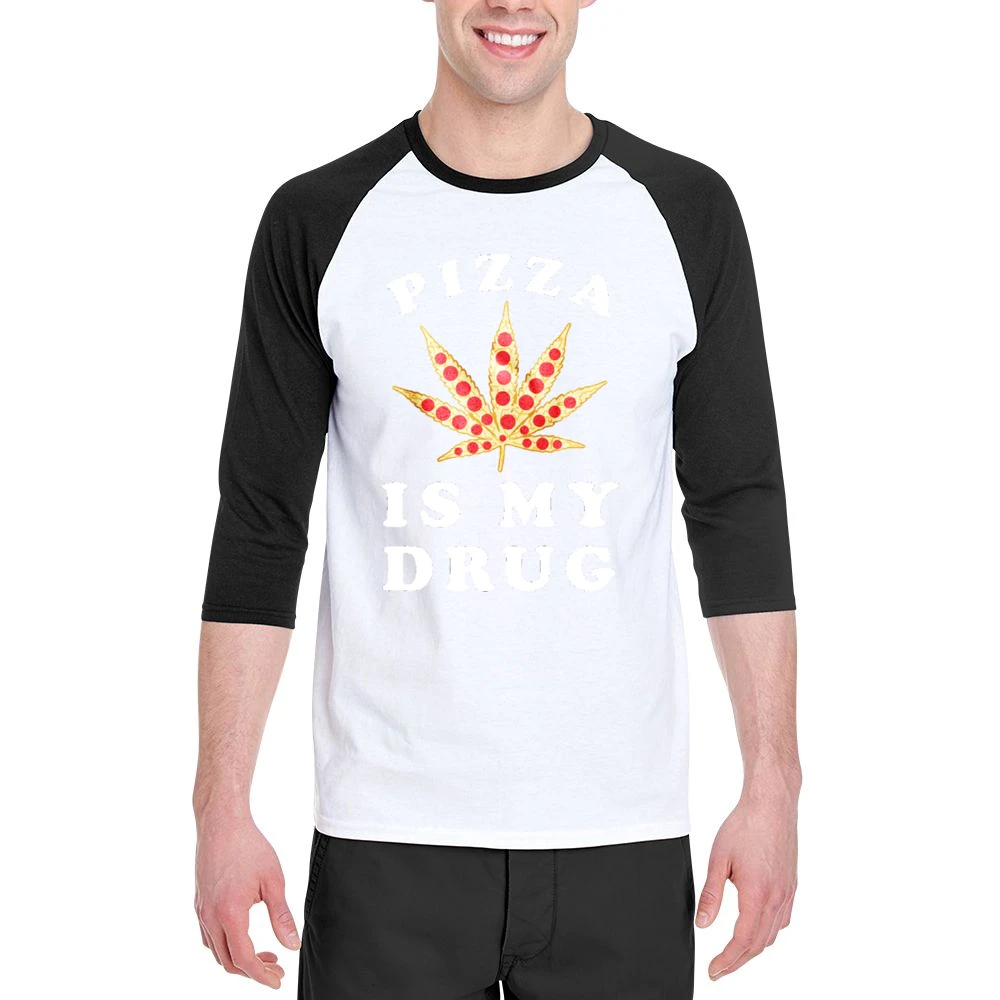 Pizza Is My Drug Funny Pepperoni Pizza Pot Leaf Weed Graphic Men 3/4 Sleeve T-Shirt