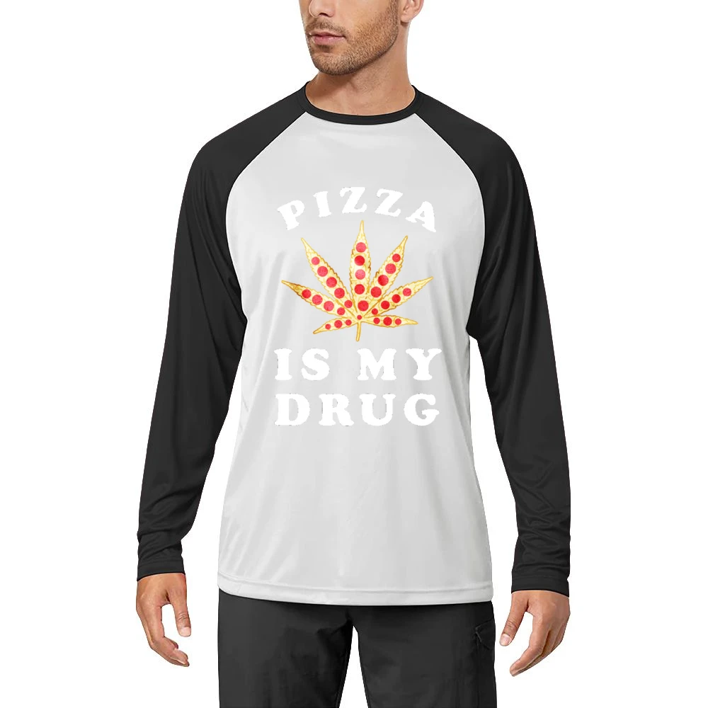Pizza Is My Drug Funny Pepperoni Pizza Pot Leaf Weed Graphic Men Long Sleeve T-Shirt