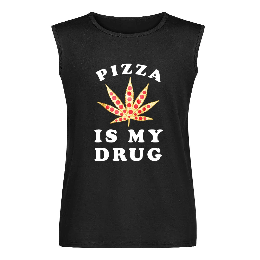 Pizza Is My Drug Funny Pepperoni Pizza Pot Leaf Weed Graphic Men Sleeveless T-Shirt