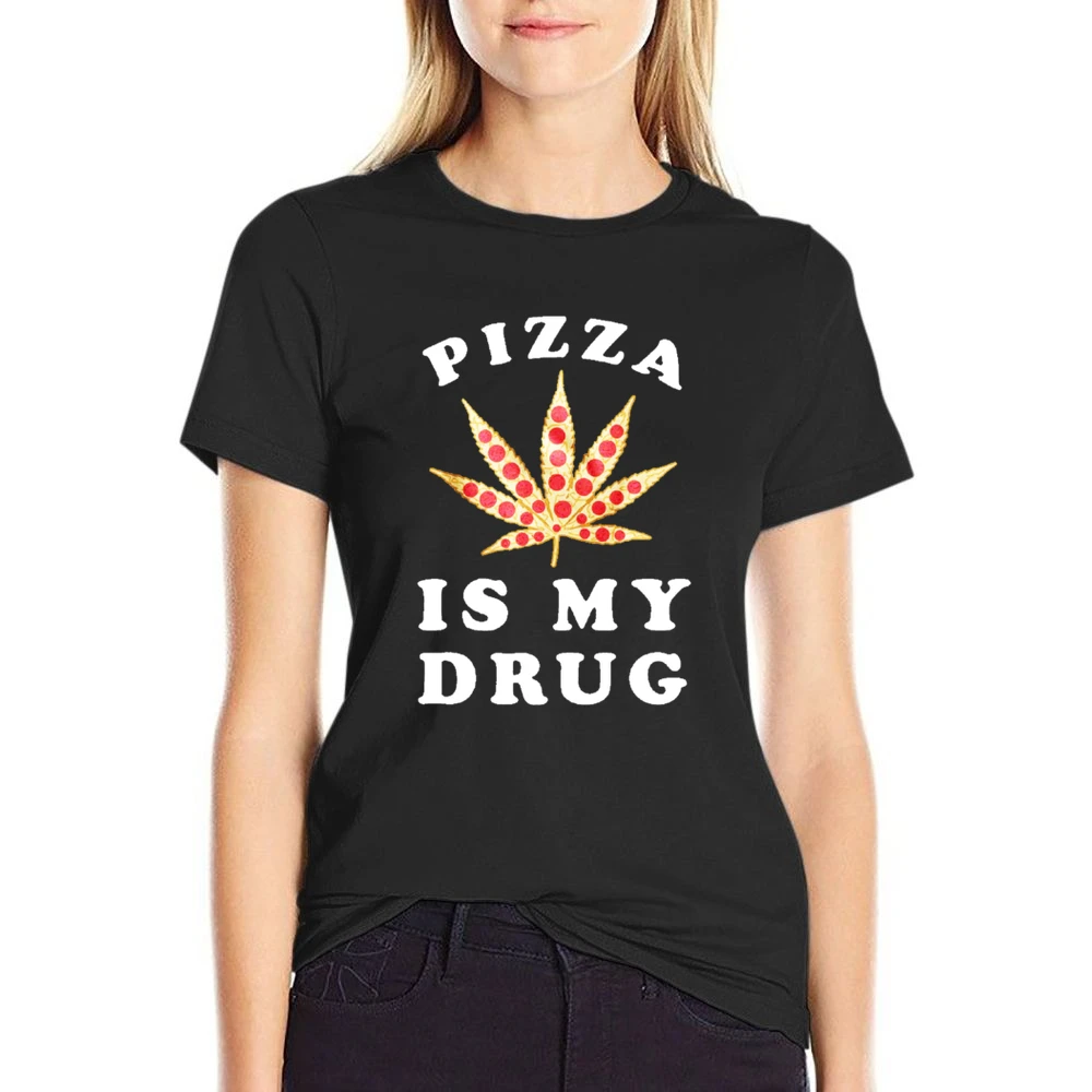 Pizza Is My Drug Funny Pepperoni Pizza Pot Leaf Weed Graphic US Size Women Ladies T-shirt