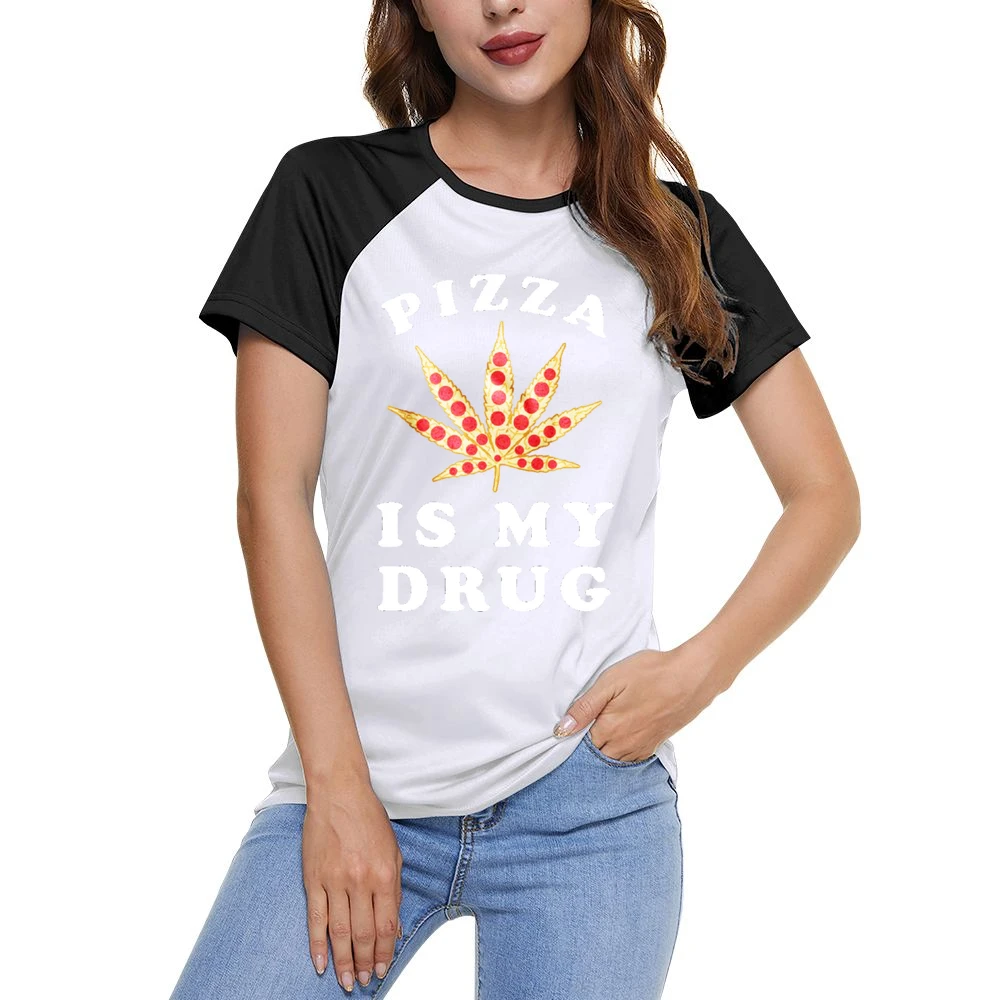 Pizza Is My Drug Funny Pepperoni Pizza Pot Leaf Weed Graphic Women Ladies Short Sleeve T-Shirt