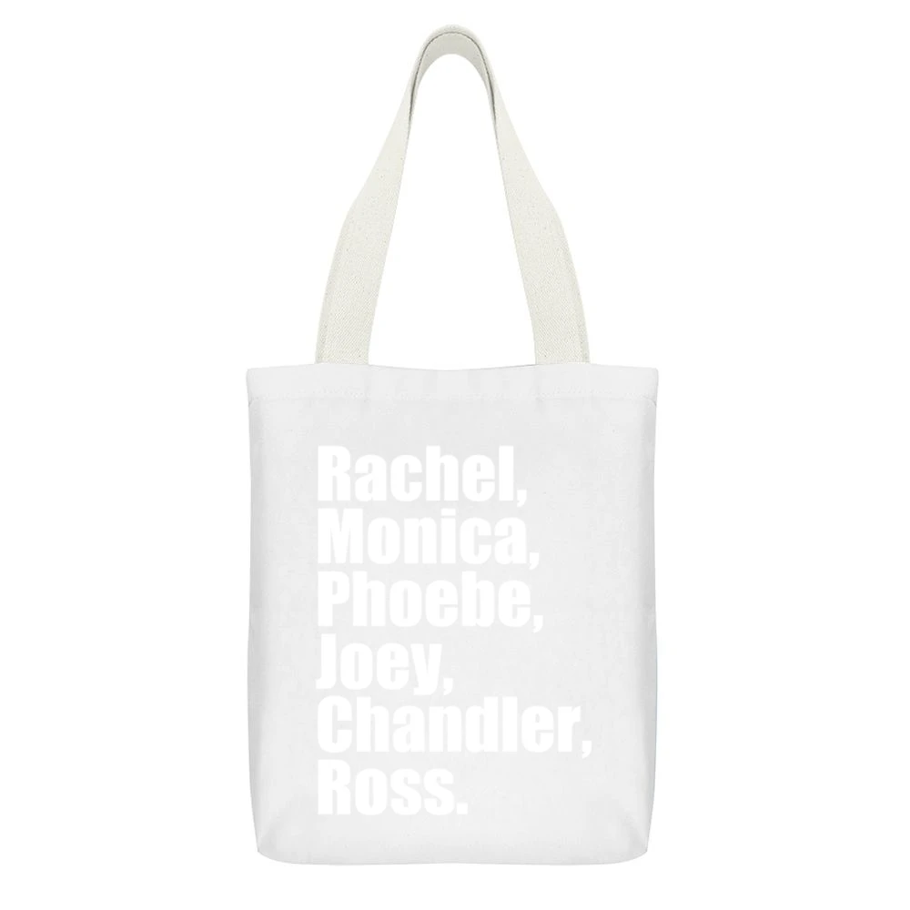 Rachel Monica Phoebe Joey Chandler Ross Fun Friends TV Show White Canvas Tote Shopping Bag With Interior Pocket
