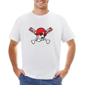 Red Eyed Baseball Skull Wearing Helmet Crossed Bats Asian Size Men T-Shirt