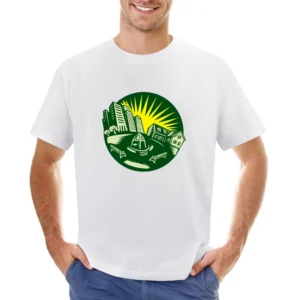Retro Green Circle Urban Landscape And Park With A Yellow Sun Asian Size Men T-Shirt