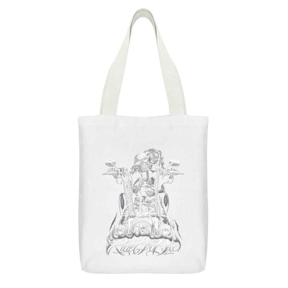 Ride Or Die Motorcycle Tshirt White Canvas Tote Shopping Bag With Interior Pocket