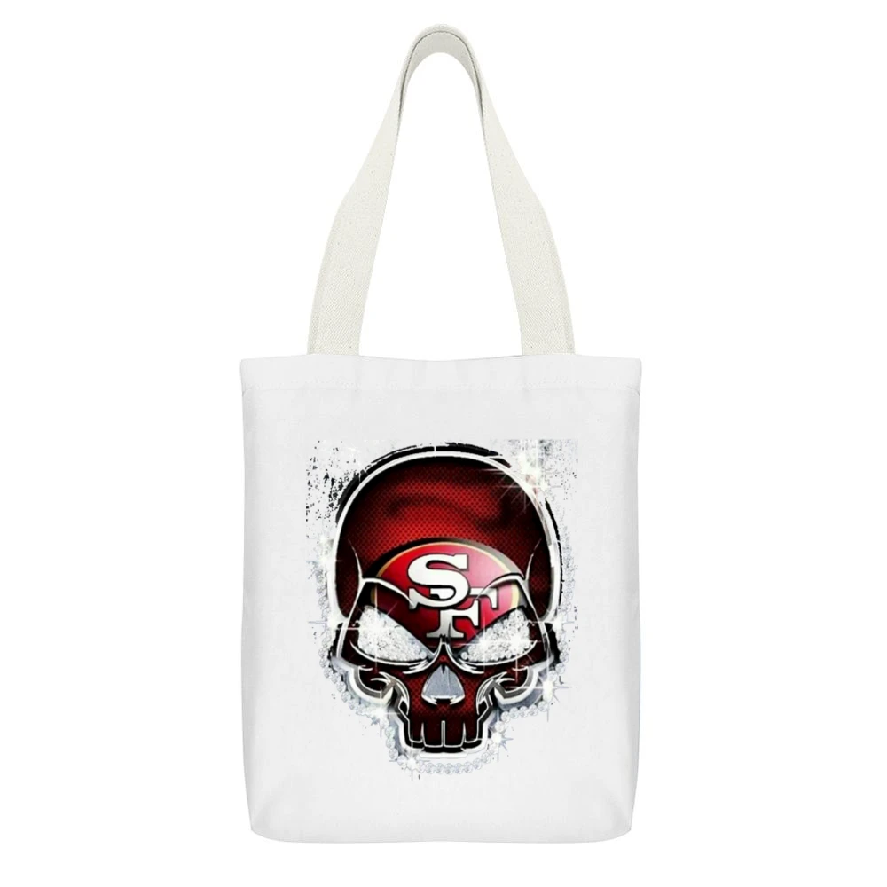 SF Skull White Canvas Tote Shopping Bag With Interior Pocket